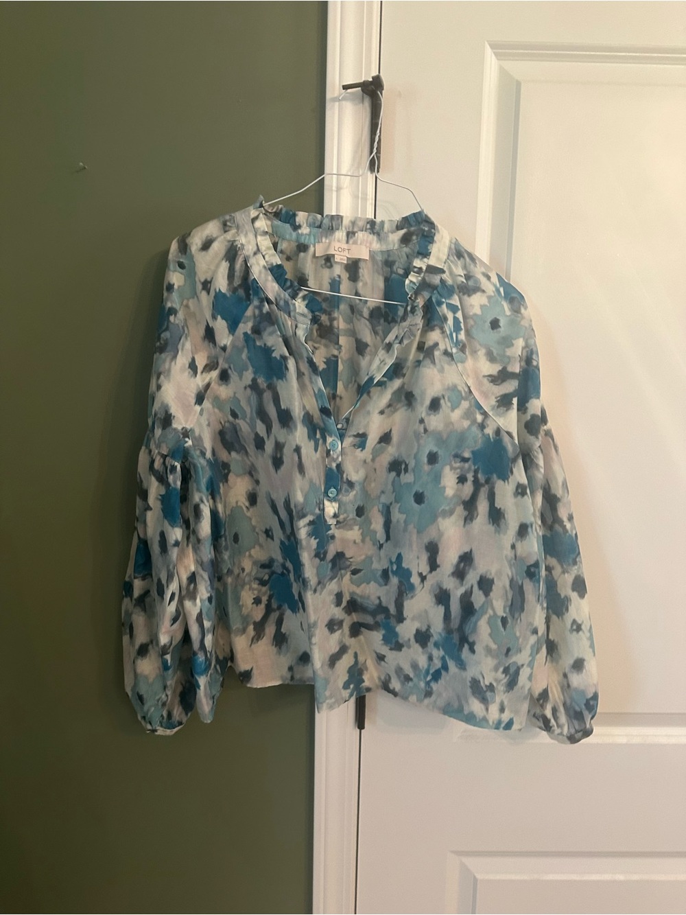LOFT Blue & White Watercolor V-Neck Blouse